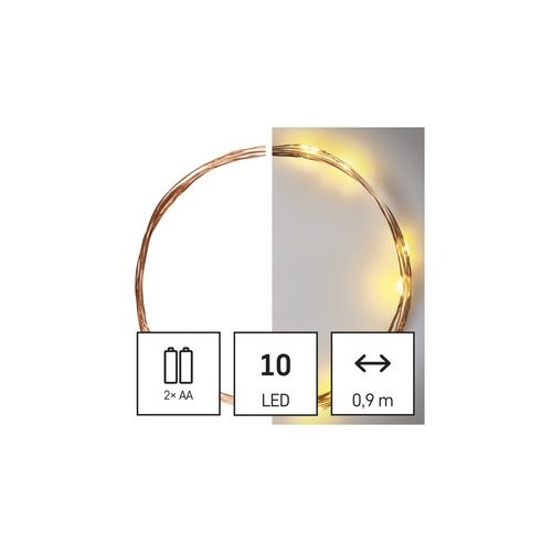 LED karácsonyi nano fényfüzér, réz, 0,9 m, 2x AA, beltéri, meleg fehér, időzítő