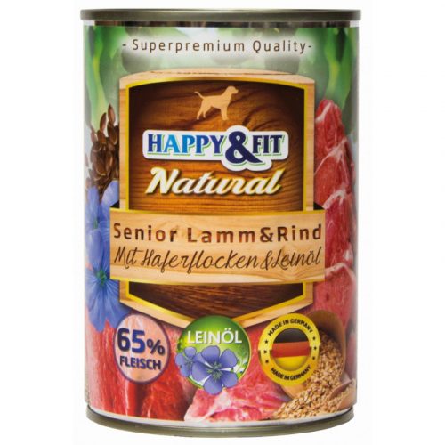 Happy&Fit Natural Dog Konzerv Senior Bárány&Marha Zabliszttel&Lenmagolajjal 400g