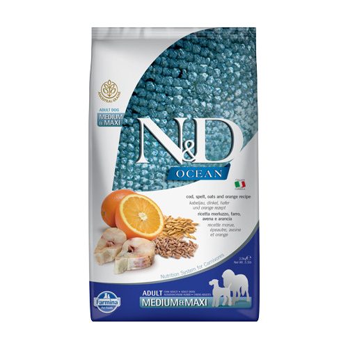 N&D Dog Ocean tőkehal, tönköly, zab&narancs adult medium&maxi 2,5kg